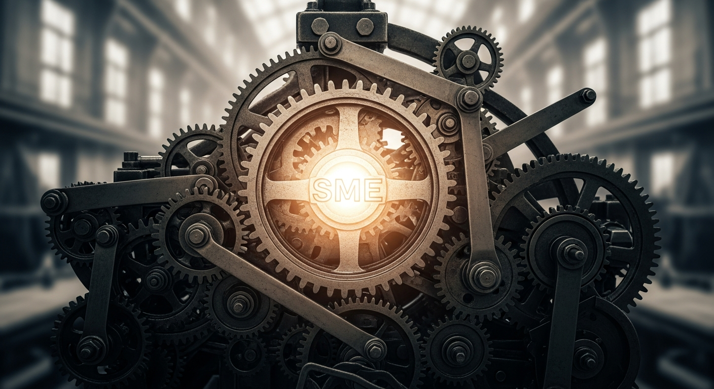 "An intricate system of gears with a central glowing gear labelled 'SME', symbolizing the interconnected financial ecosystem and the crucial role of SMEs within it."