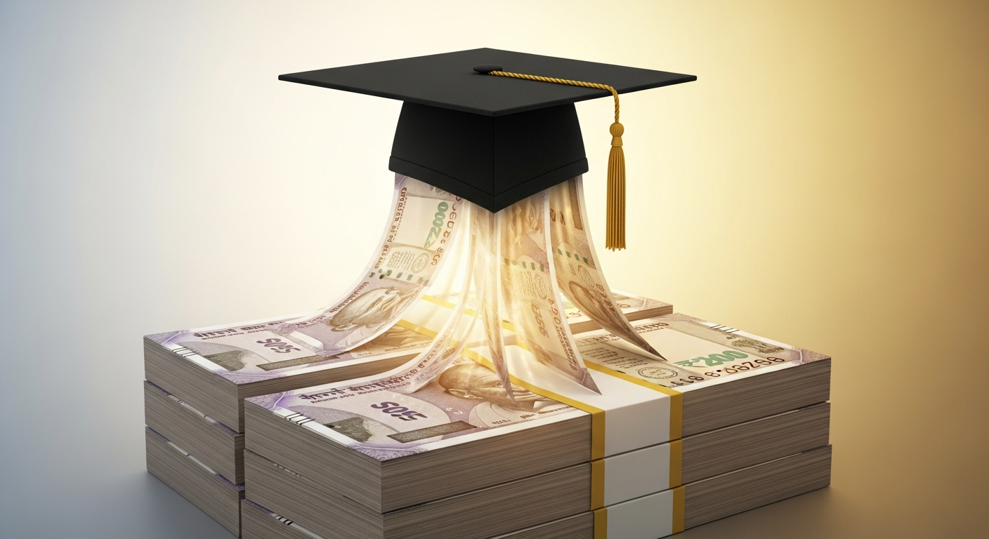 "Indian Rupees transforming into a graduation cap, representing the significant cost of education in India."
